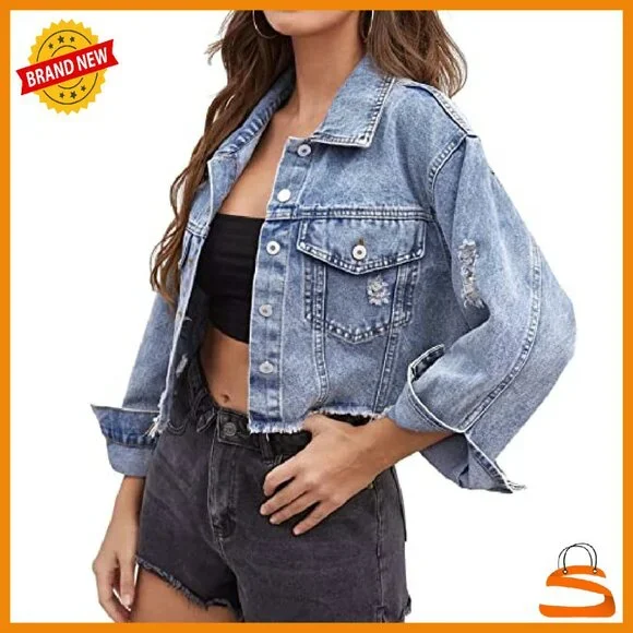Cropped Denim Jacket Distressed Ripped Frayed Long Sleeve Button Up